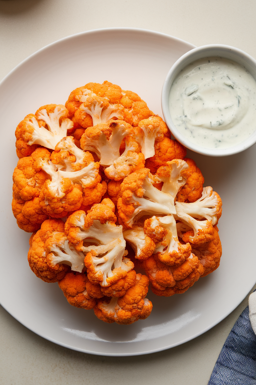 Photo of roasted buffalo cauliflower florets piled in a brain-shaped mound on an indoor white plate, ranch dip alongside. No text or logos.