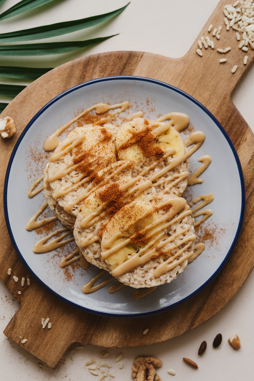 An indoor plate featuring rice cakes spread with mashed banana, sprinkled with cinnamon, and drizzled with tahini, photographed from above. No text or logos included.