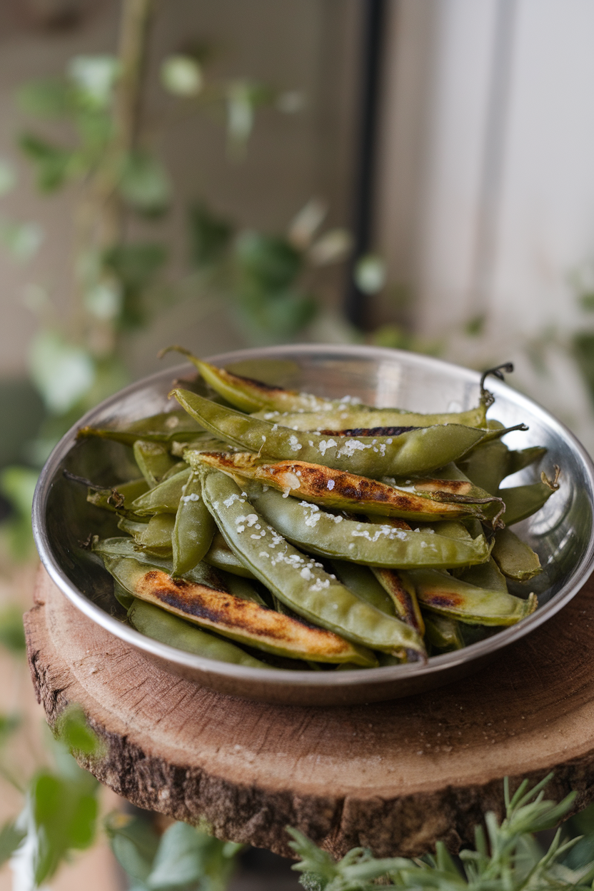 A shallow dish indoors holding blistered sugar snap peas sprinkled with coarse salt; crisp textures captured, no text or logos. Photo only.