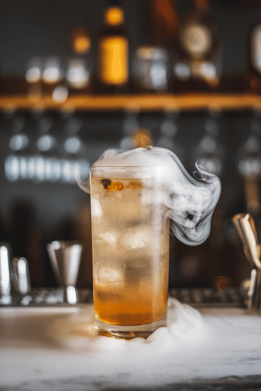 Indoor setting with a tall highball glass filled with pale smoky bourbon highball, wisps of dry-ice fog spilling over the rim; bar shelf blurred behind, no text or logos.