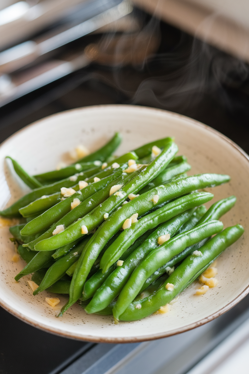 A shallow white serving bowl indoors holding bright green beans slicked with melted butter and flecks of garlic, steam gently rising; no text or logos. Photo.</Prompt