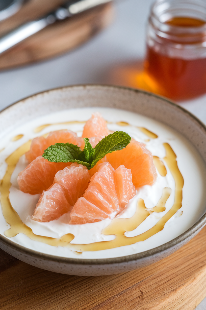 Indoor bowl of creamy skyr topped with segmented grapefruit and a light honey drizzle, mint leaf garnish. No text or logos.
