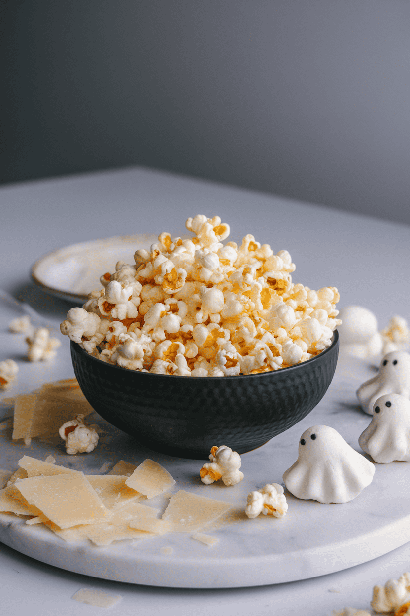 Indoor shot of a black bowl overflowing with white cheddar popcorn, parmesan shards scattered around on a marble board, with ghost-shaped meringues on the side. No text or logos.