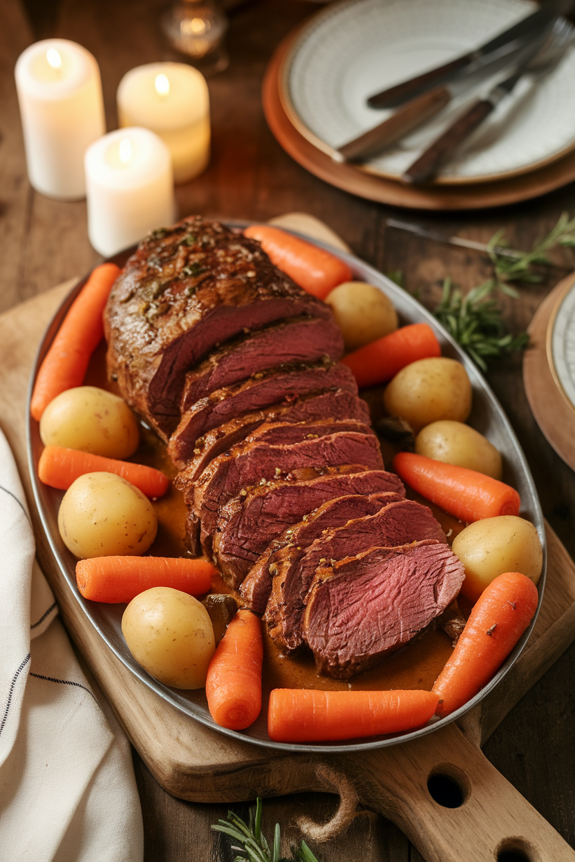 Indoor photo of sliced pot roast on a platter with carrots and potatoes, rich gravy pooled beneath. Cozy lighting, no text or logos.