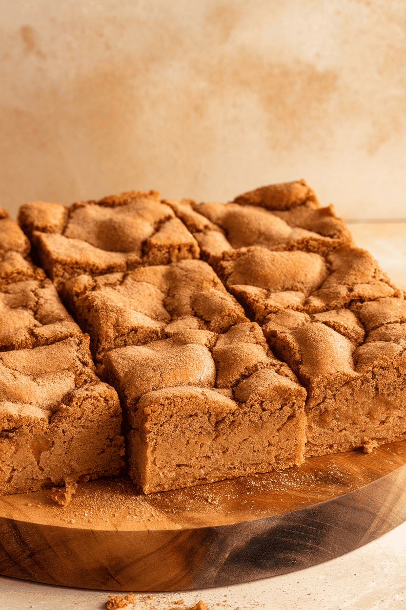 Indoor photo of cinnamon-sugar-topped blondie squares on a wooden board, no text or logos