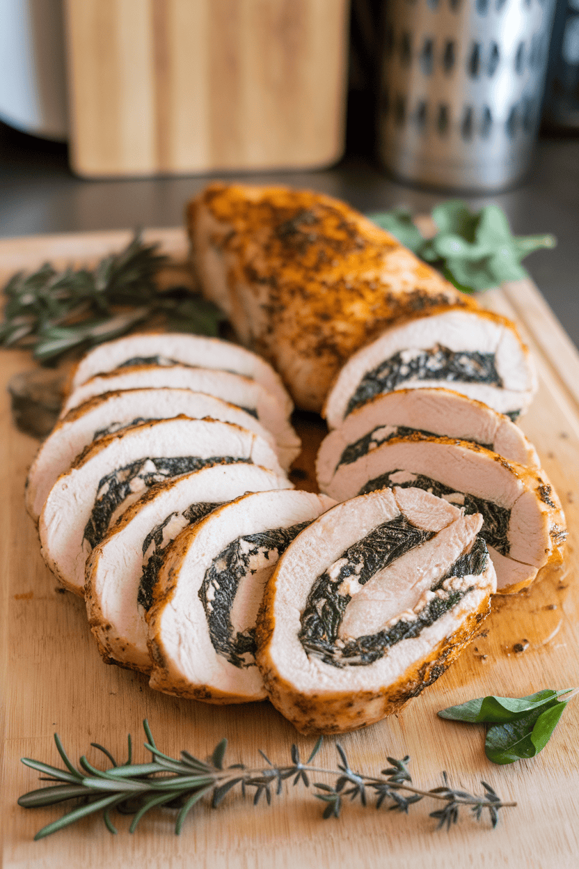 An indoor cutting board showing sliced stuffed chicken breast revealing a spinach and goat cheese center—no text or logos. Photo only.