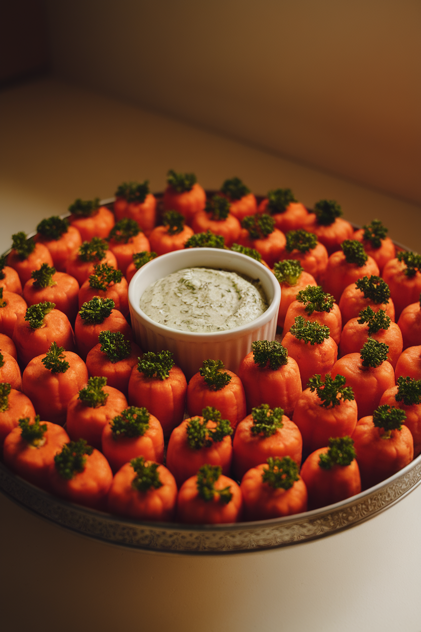 Indoor photo of a round platter covered in neat rows of baby carrots, each topped with a short parsley stem to mimic pumpkins, surrounding a central bowl of herb dip. Warm kitchen light, no text or logos.