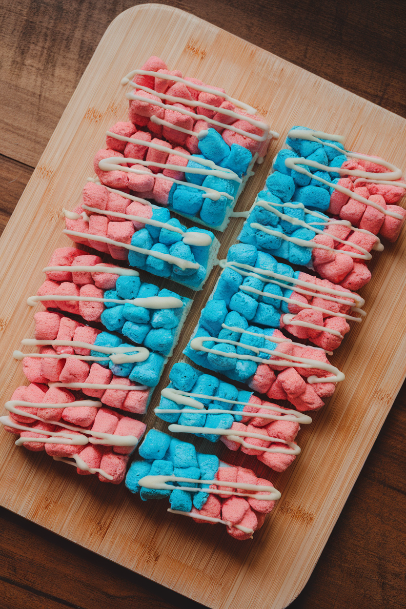 Indoor cutting board with marshmallow cereal bars tinted red and blue in sections, white chocolate drizzle forming the stripes. No text or logos.
