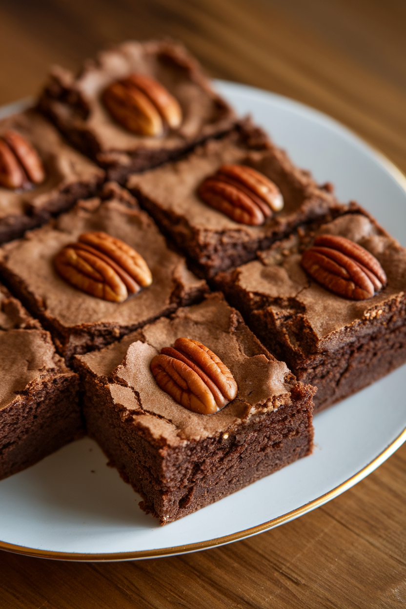 Indoor photo of fudgy brownie squares with visible pecan halves on top, slight crackle on the surface. No text or logos.