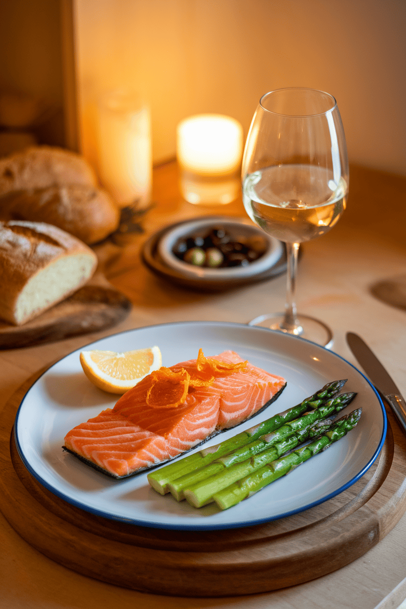 A warmly lit indoor dining scene featuring a plate of cooked salmon garnished with orange zest and sliced asparagus spears. A small lemon wedge rests on the side. No text or logos present. Photo, not illustration.