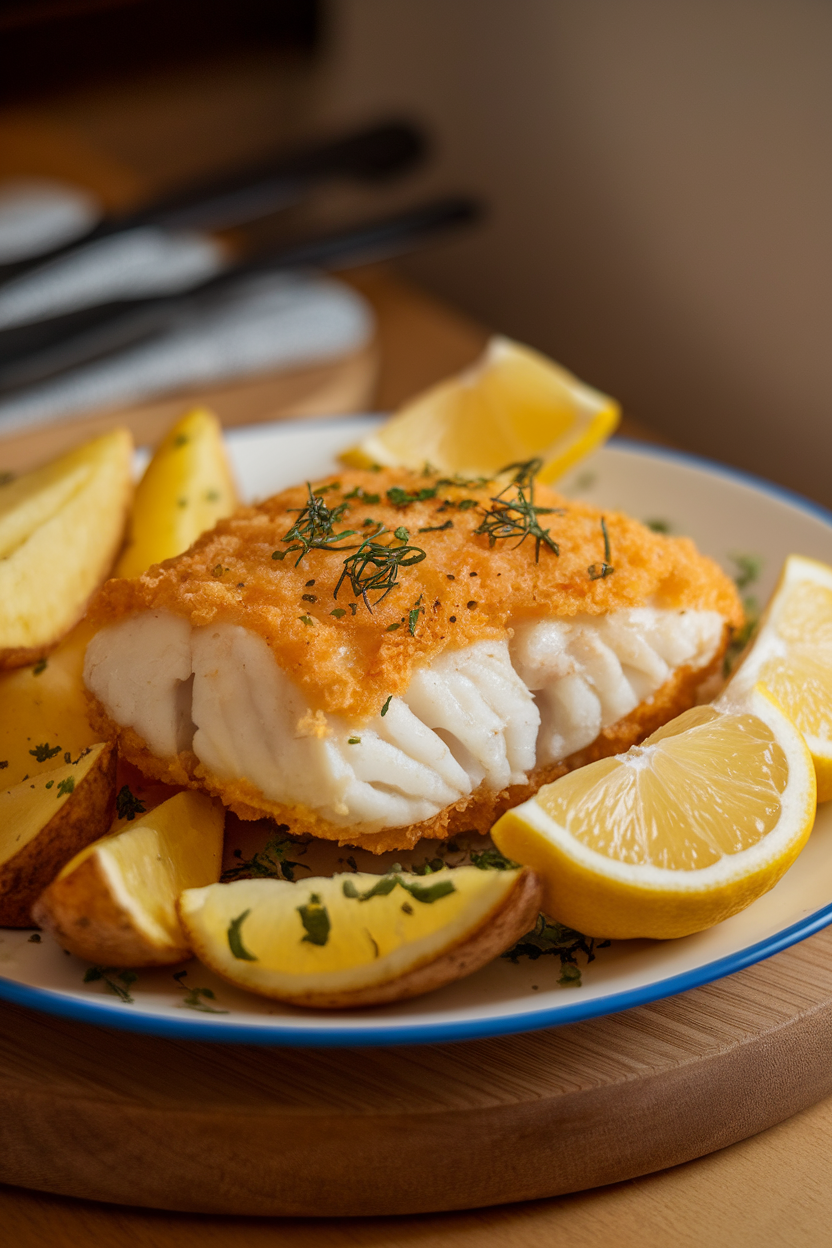 Plate of oven-baked battered cod with golden potato wedges and lemon slices, indoor lighting. No text or logos. Photo.