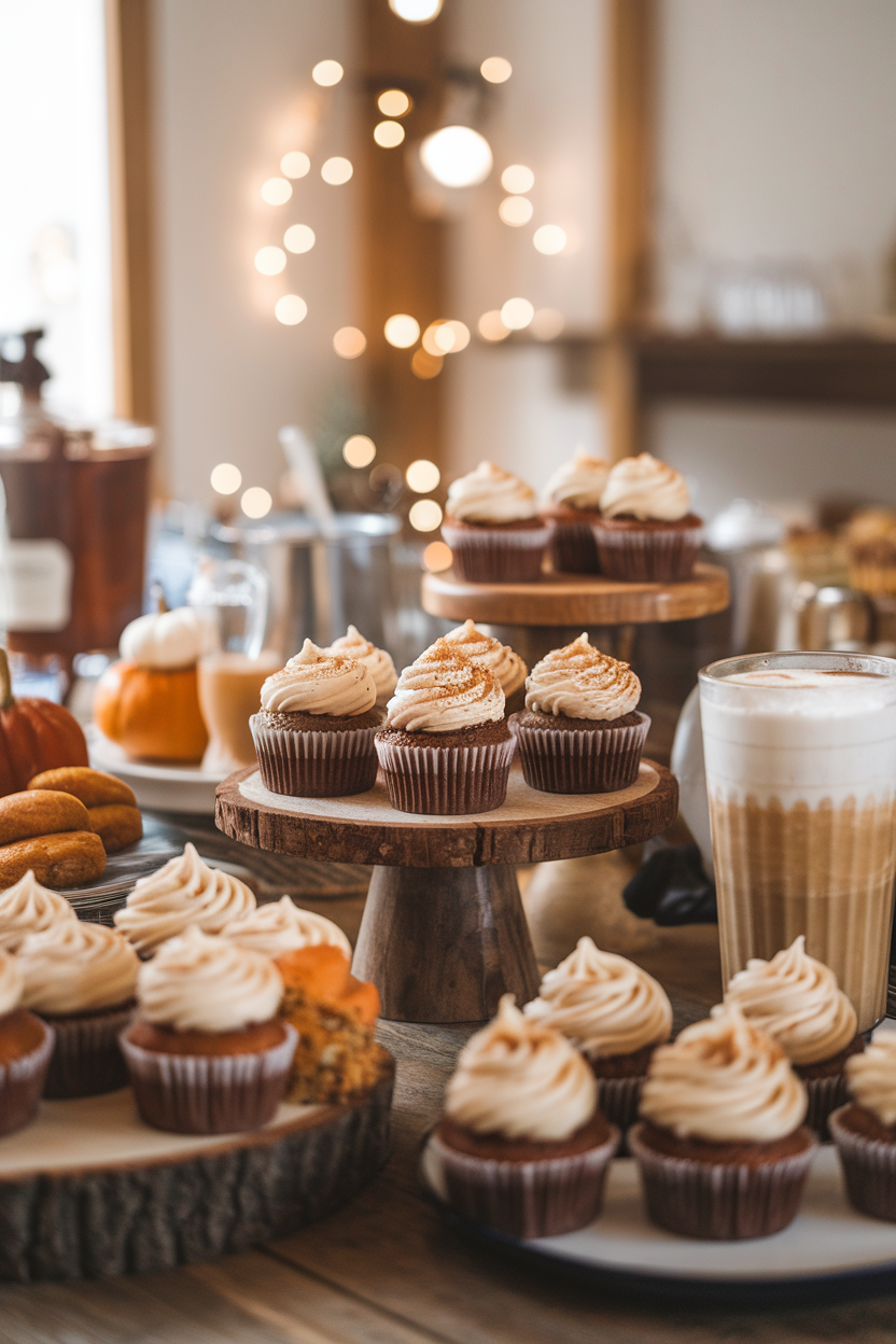 Indoor coffee-shop-style setup with pumpkin cupcakes frosted in light cinnamon cream and dusted with chai spice blend, no text or logos.