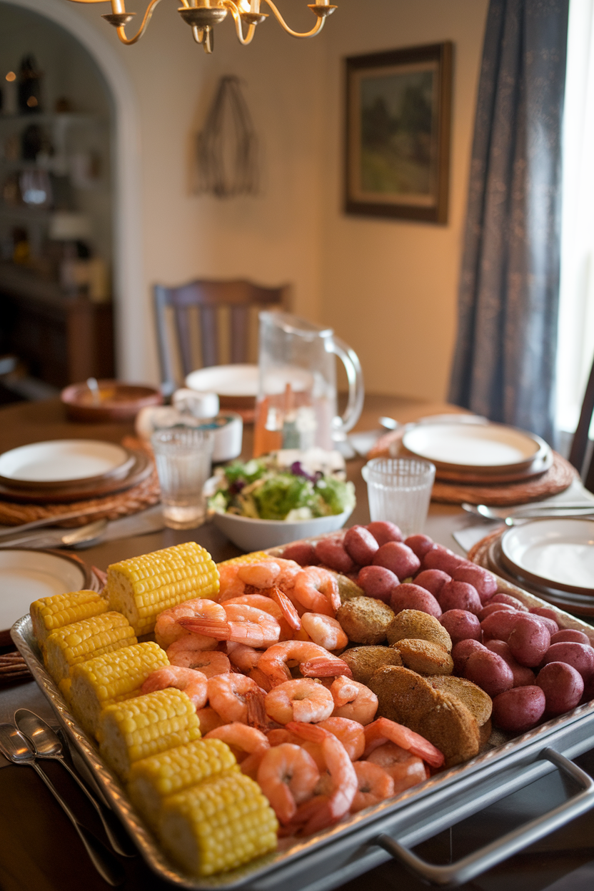 Indoor family table with a large serving tray of cooked shrimp, corn-on-the-cob pieces, smoked sausage rounds, and red potatoes dusted with seasoning, no text or logos. Photo.