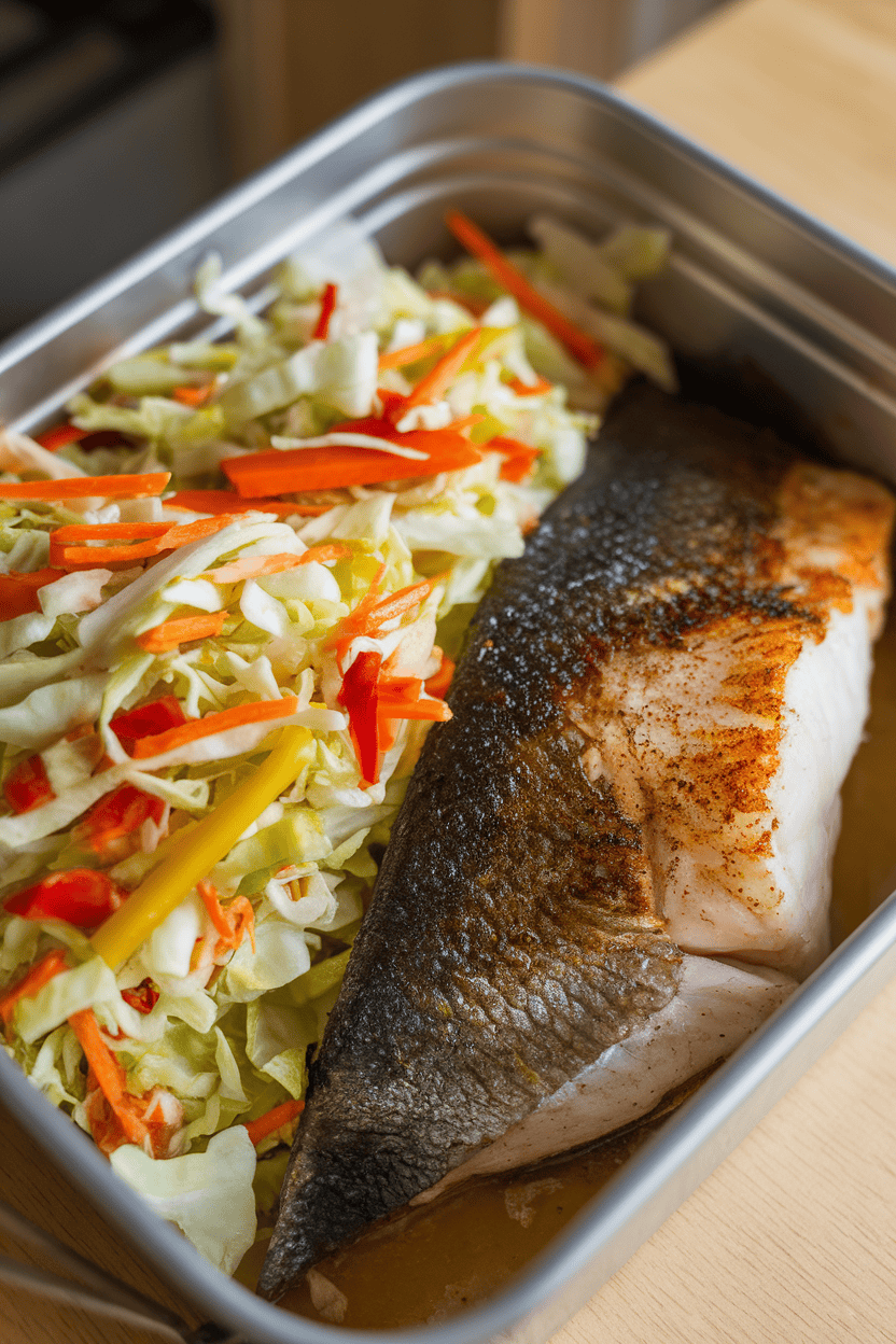 Photo of a flaky blackened redfish fillet next to colorful cabbage slaw in a container indoors, no text or logos.