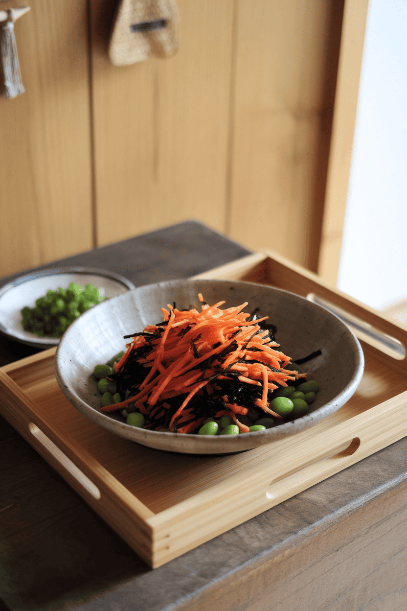Photo of an indoor table displaying a shallow bowl of cooked hijiki seaweed mixed with julienned carrots and edamame, dressed lightly with sesame oil; no text or logos in scene.