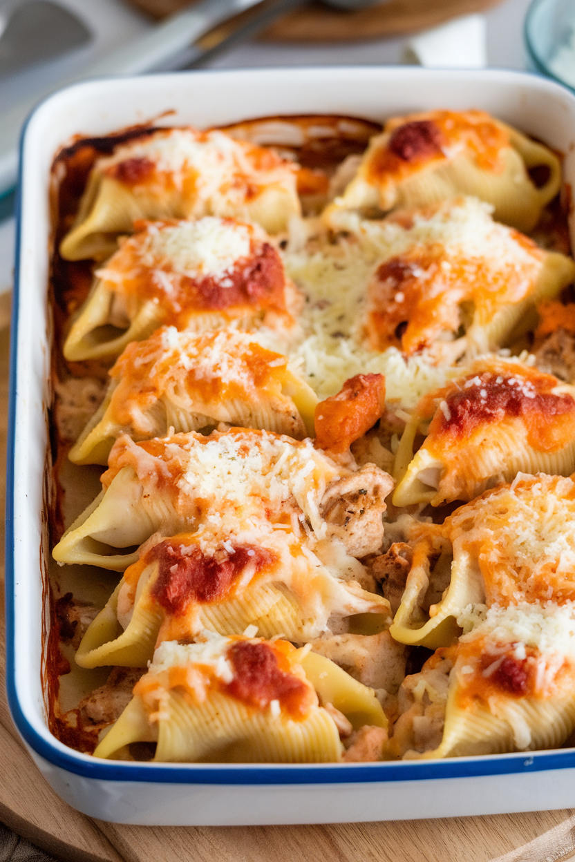 Indoor baking dish of jumbo pasta shells stuffed with chicken and Alfredo sauce, cheese bubbling on top. No logos. Photo.