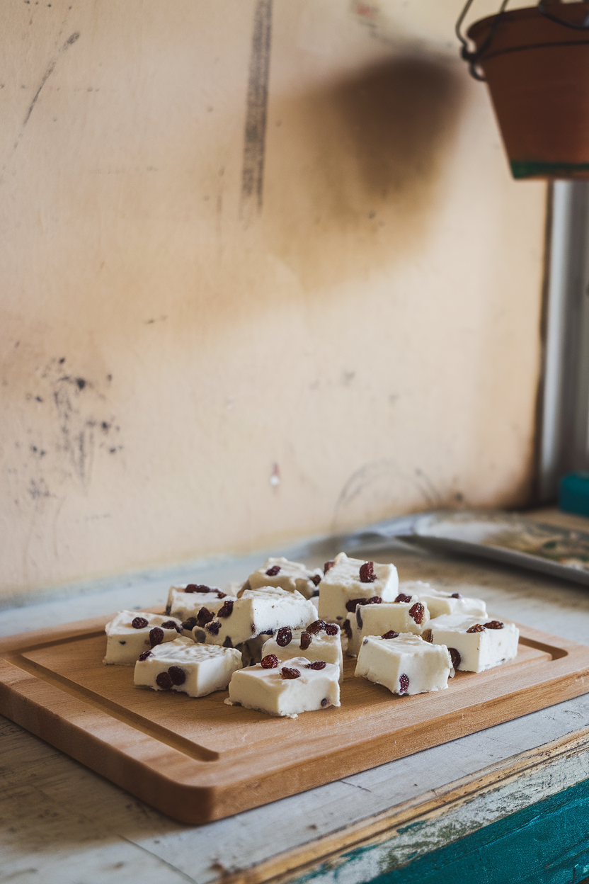 Indoor cutting board with small white squares of yogurt bark studded with raisins, frost pattern visible on surface. No logos or text.