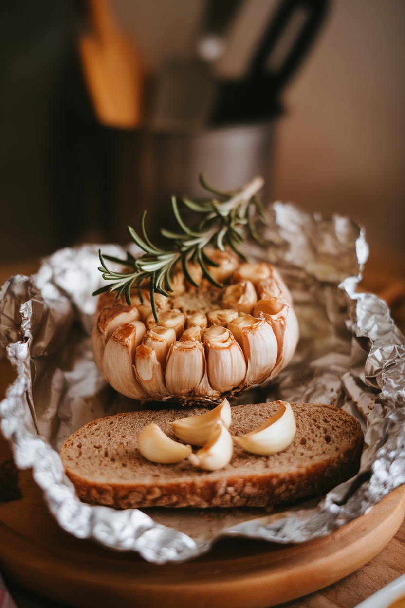 Indoor photo of a head of roasted garlic on foil with cloves squeezed onto a slice of whole-grain bread; no text or logos