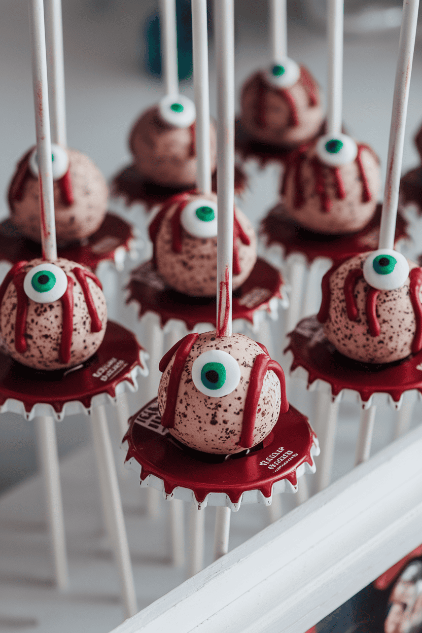 Speckled cola-brown cake pops with red “blood” drizzle and green candy eyes, arranged indoors on soda bottle caps; no logos or text. Photo.