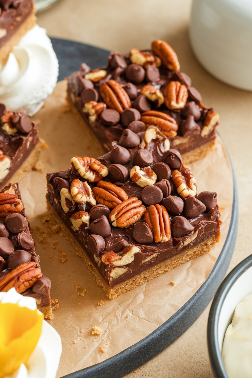 Indoor dessert board with square Derby pie bars showing chocolate chips and pecans in a gooey filling, no text or logos. Photo.