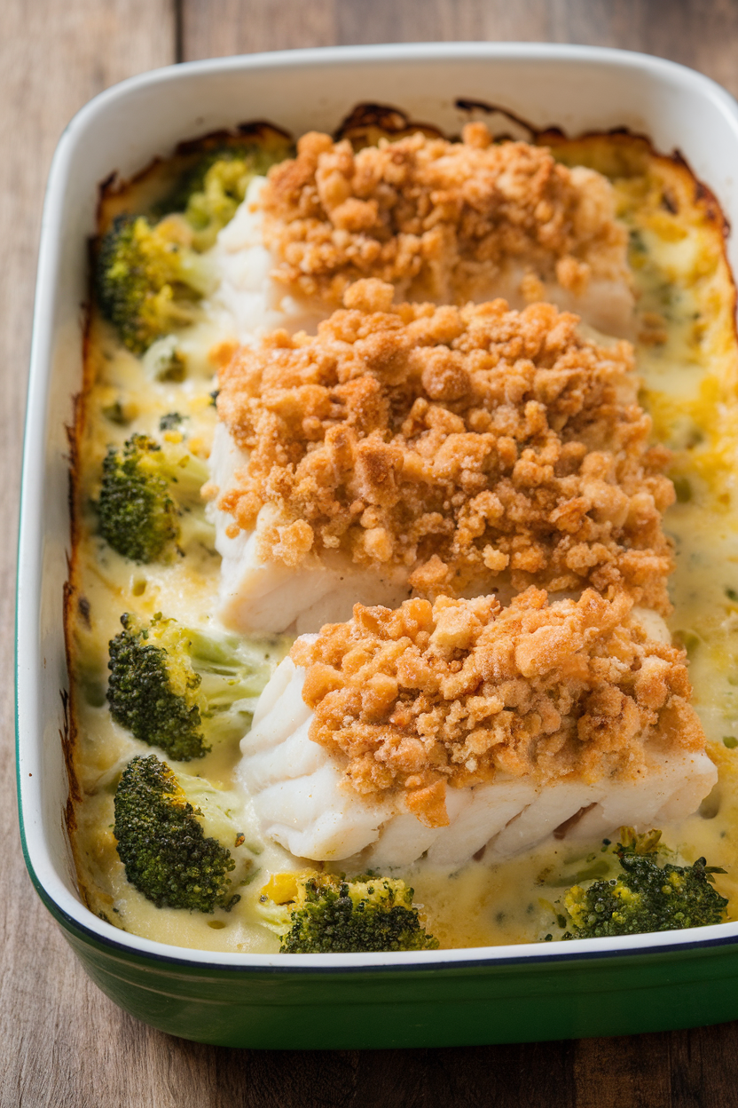 Indoor casserole dish bubbling with cod, broccoli florets, and creamy cheese sauce beneath a breadcrumb topping. No text or logos.