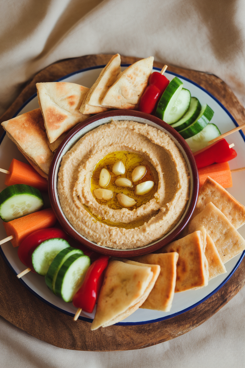 An indoor platter featuring a bowl of roasted garlic hummus surrounded by pita triangles and veggies, no text or logos. Photo.</Prompt