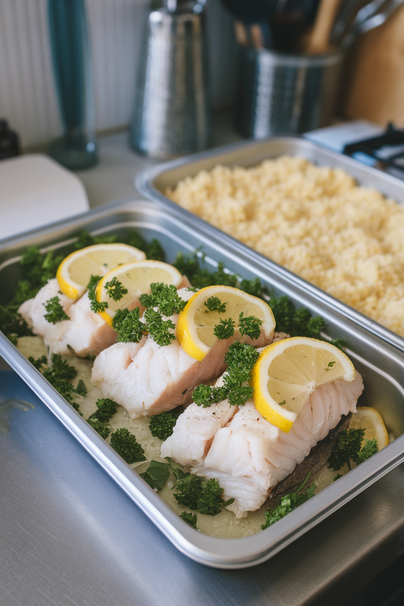 Photo, indoor kitchen counter holding a container of flaky cooked cod fillet topped with parsley and lemon slices, resting beside fluffy couscous; no text or logos.