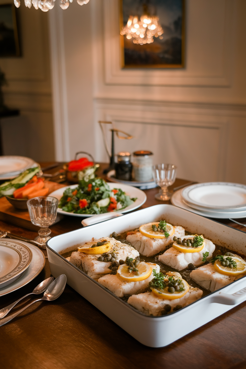An indoor dinner table with a white baking dish holding flaky baked cod fillets topped with lemon slices, capers, and parsley; warm light, no text or logos.