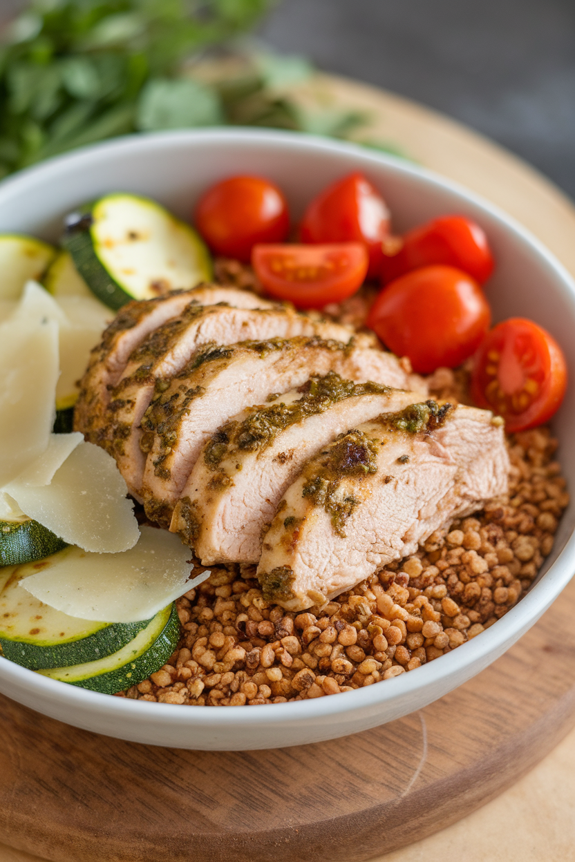 Photo indoors with a bowl holding grilled pesto chicken slices over smoky freekeh, cherry tomatoes, zucchini ribbons, and shaved Parmesan. No logos or text visible.