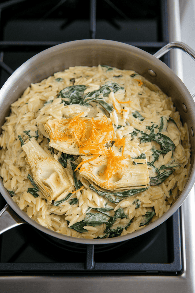 Indoor stovetop with a saucepan of creamy orzo pasta mixed with baby spinach and artichoke hearts, lemon zest sprinkled on top. No text or logos. Photo, not illustration.