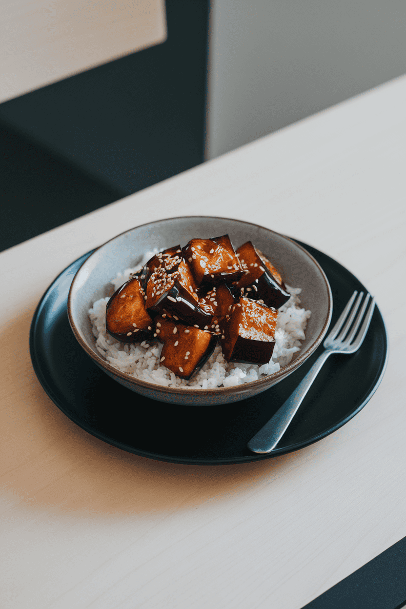 An indoor dining table with a bowl of glazed roasted eggplant cubes over white rice, sesame seeds sprinkled on top—no logos or text visible. Photo only.