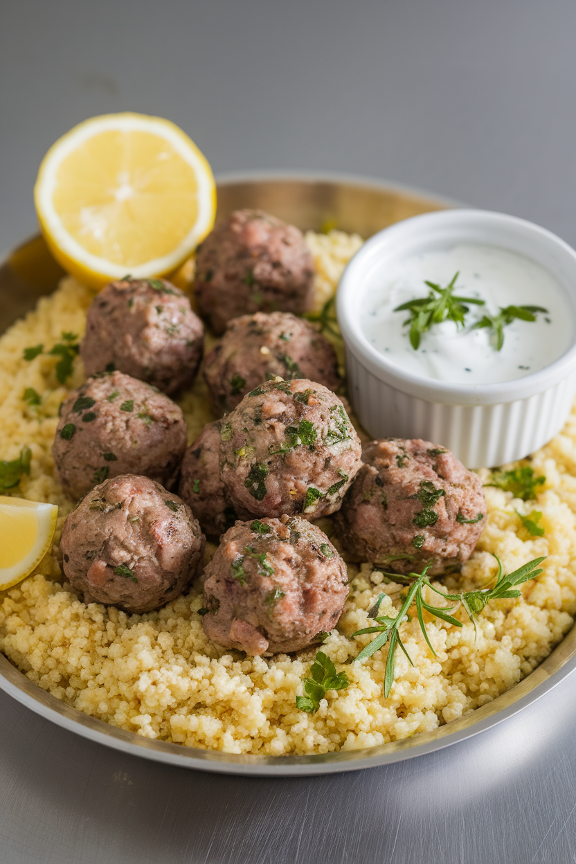 Indoor photo of small lamb meatballs flecked with herbs, resting on a bed of couscous with a lemon wedge and a ramekin of yogurt sauce, shot from eye level. No logos or text.