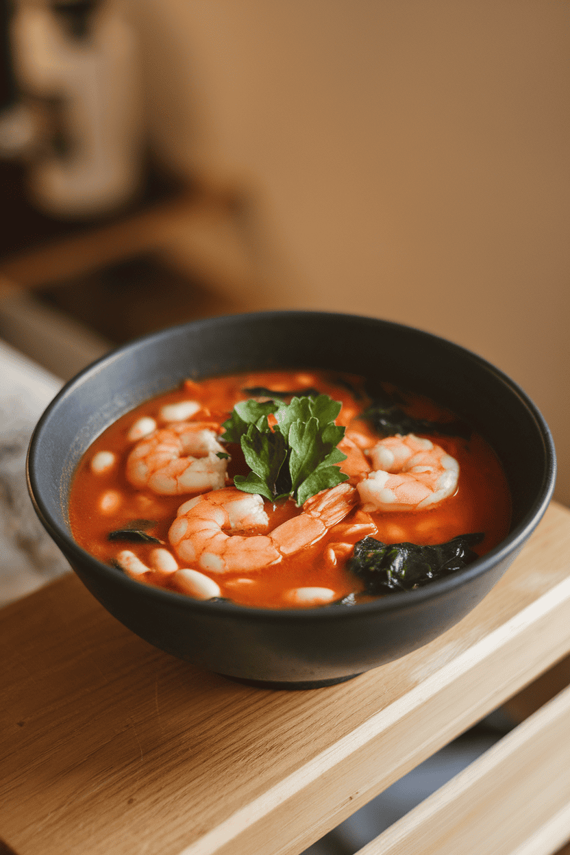 A photo of a soup bowl indoors holding tomato-based broth with shrimp, white beans, and spinach, parsley garnish on top. No logos or text.