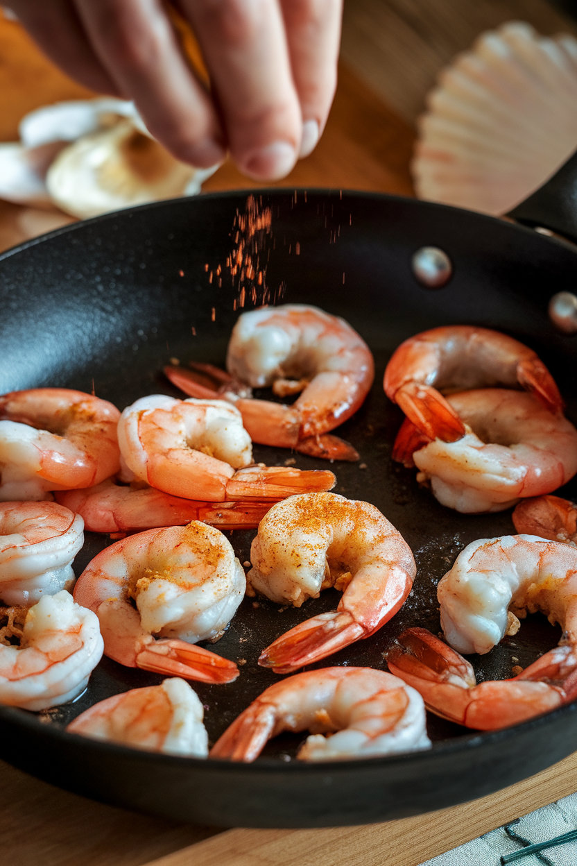 Indoor photo of smoked paprika being sprinkled over sautéed shrimp in a skillet; no text or logos