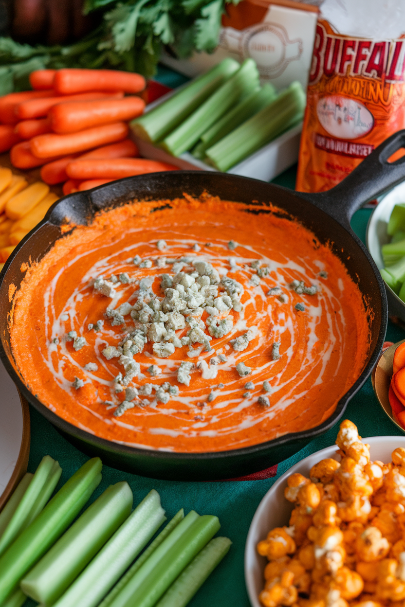 An indoor football-party setup showing an orange-tinted buffalo chicken dip in a skillet, bleu cheese crumbles melting on top. Photo, no text or logos.