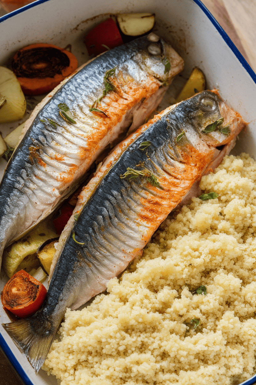 Indoor scene of a baking dish with harissa-rubbed mackerel fillets, fluffy couscous on the side. No logos or text, photo only.