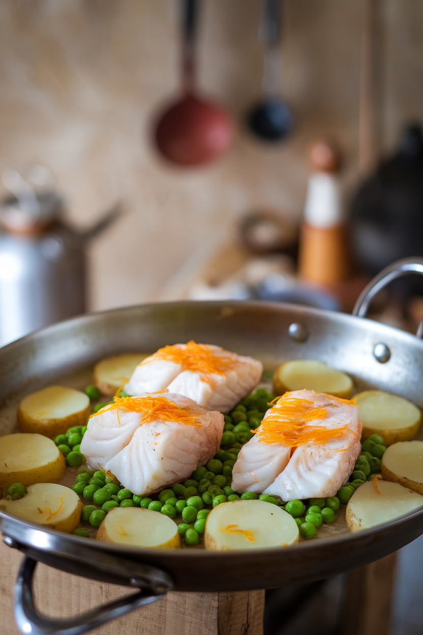 A shallow pan indoors containing cooked cod fillets atop saffron-infused potato rounds and peas. No text or logos.