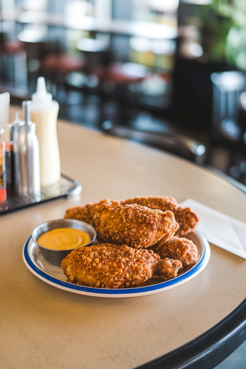 Indoor bar-style table with fried chicken breasts in coarse pretzel crust, mustard dipping sauce alongside, photo only, no text or logos