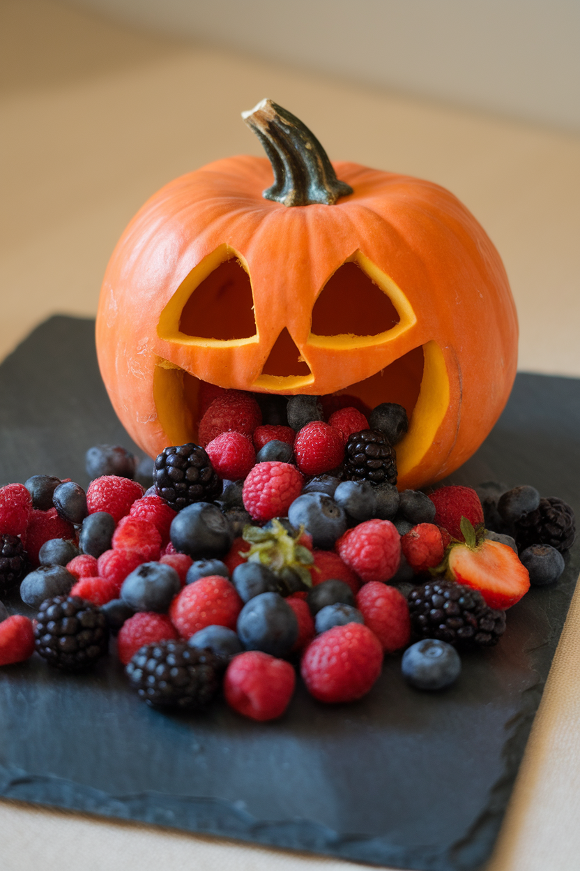 A small hollowed pumpkin indoors overflowing with mixed berries—strawberries, blueberries, blackberries—spilling onto a slate board. No text or logos.