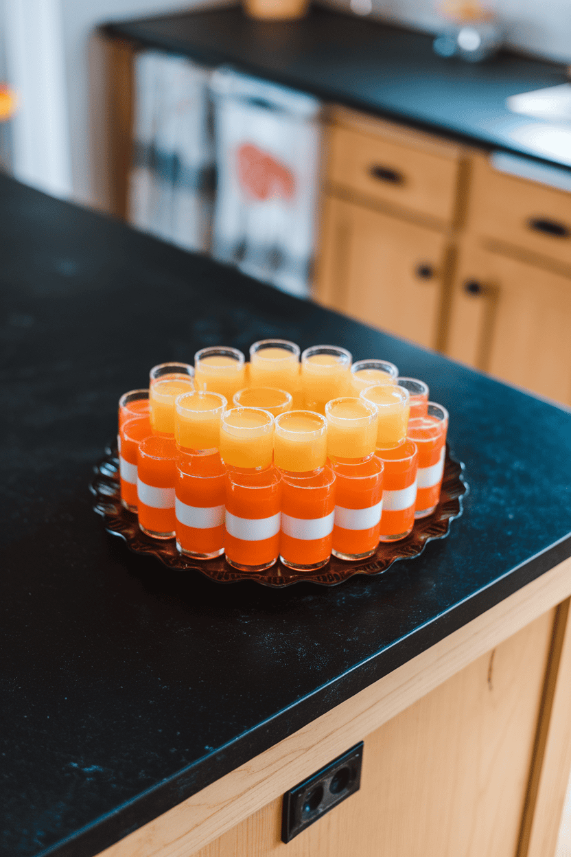 An indoor kitchen island with three-layer orange, yellow, and white jello shots on a black platter, gentle overhead lighting highlighting the candy-corn colors, no logos anywhere
