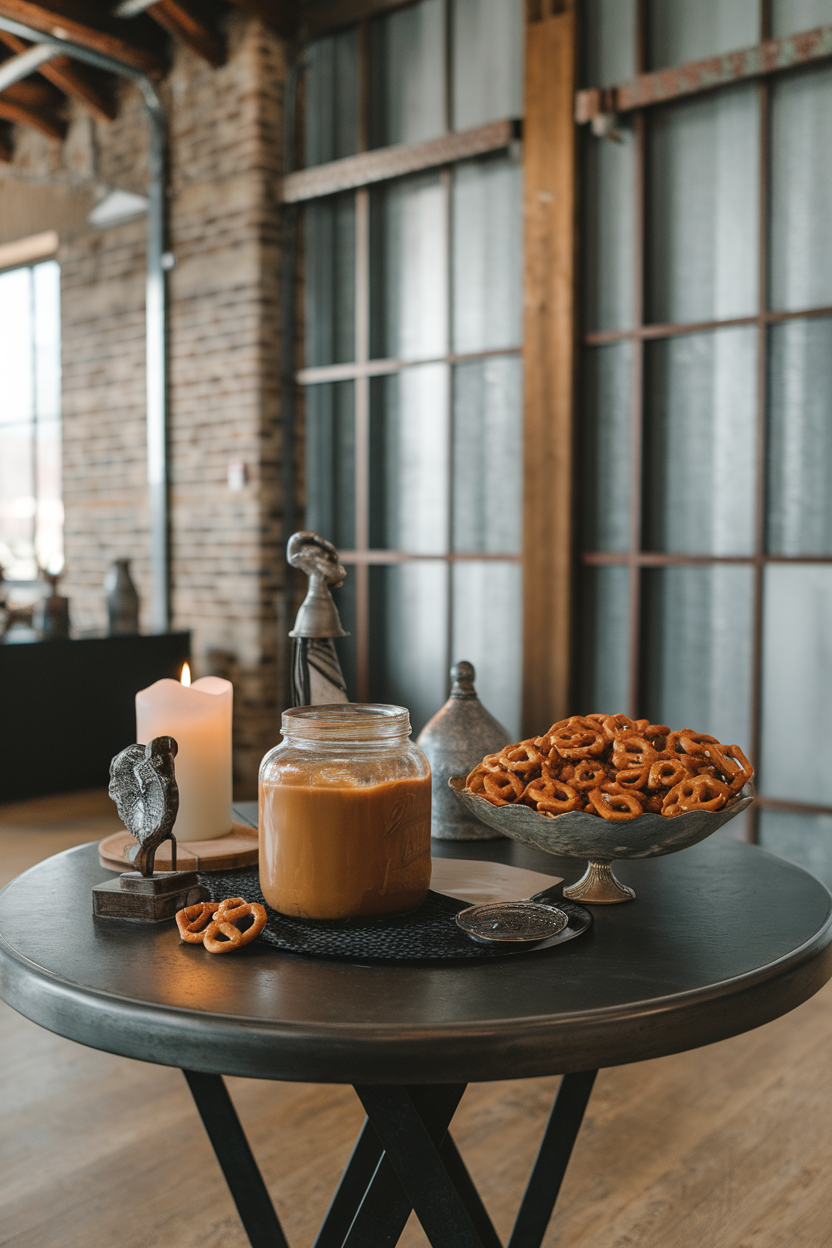 An indoor candy-shop vibe table with a jar of thick salted caramel dip surrounded by mini pretzels. Photo, no text or logos.