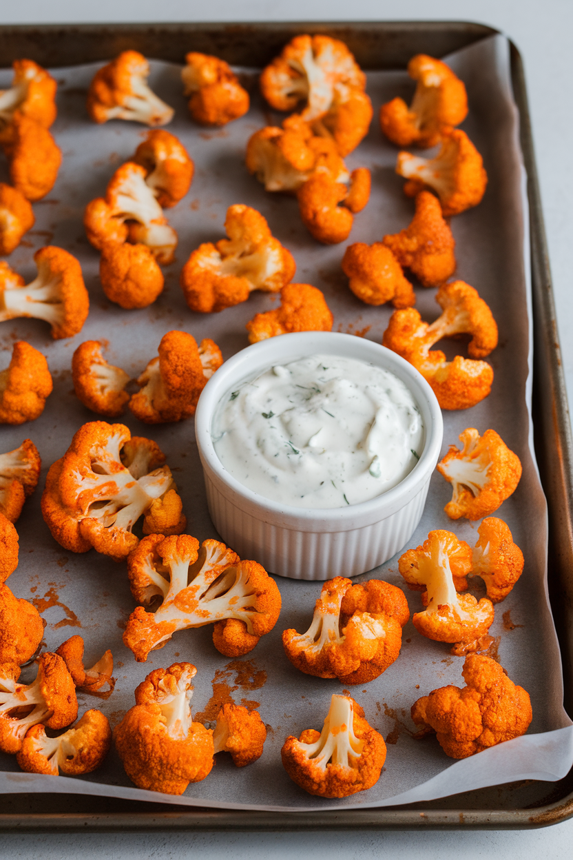 An indoor baking sheet lined with crispy, orange-tinted buffalo cauliflower florets, a ramekin of ranch dip nearby. No logos or text. Photo only.