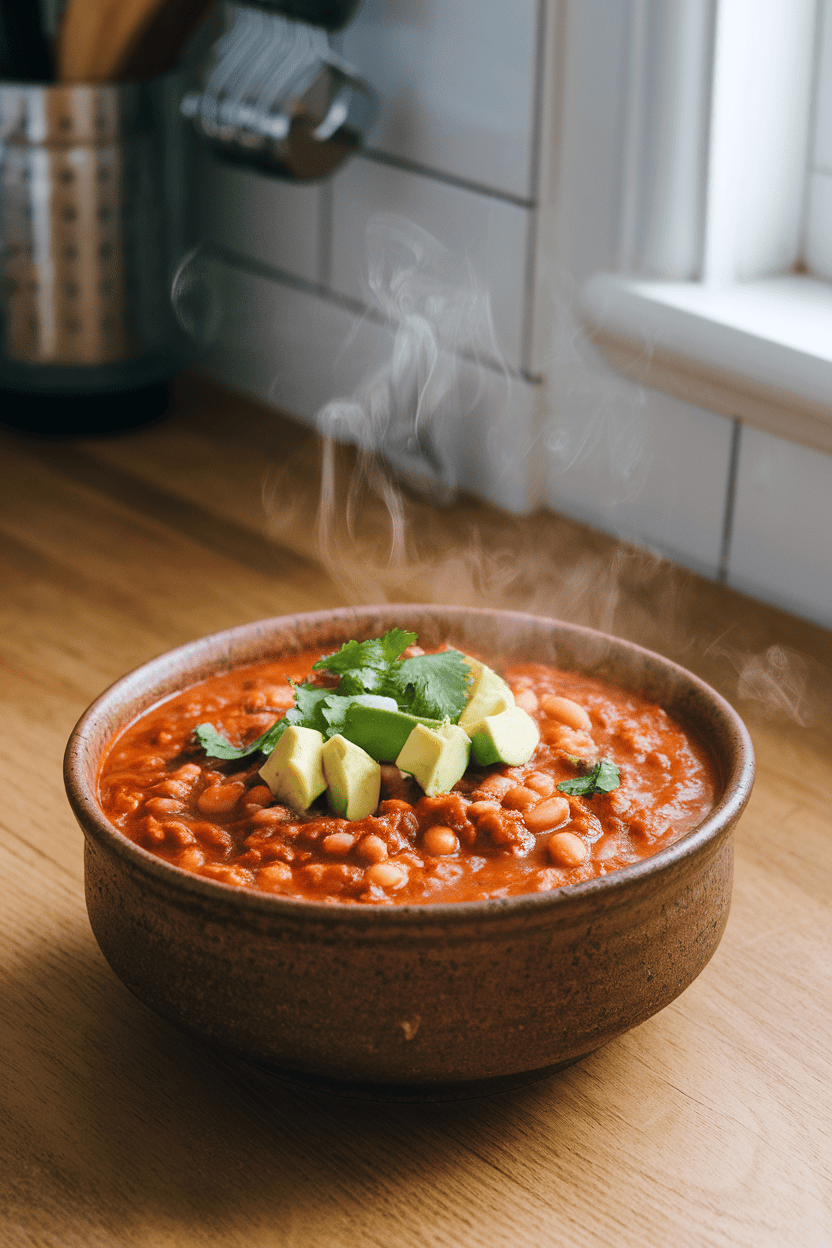 An indoor kitchen table holding a ceramic bowl of hearty white bean chili made with ground turkey, topped with avocado cubes and cilantro. Steam curls upward, no text or logos in the scene, realistic photo.