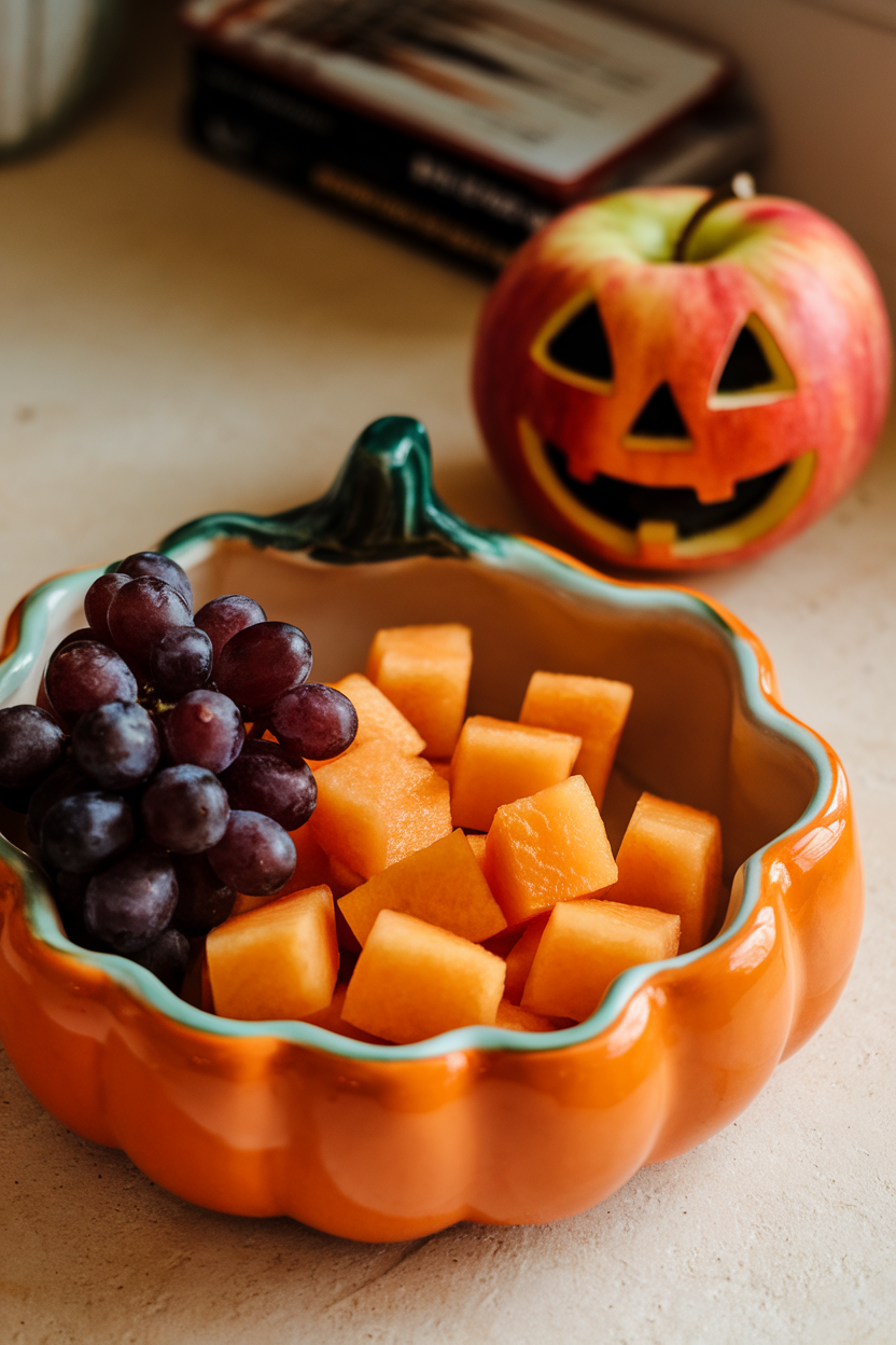 A shallow pumpkin-shaped ceramic dish indoors holding orange cantaloupe cubes and dark purple grapes, a carved apple “jack-o'-lantern head” set beside it. No text or logos.