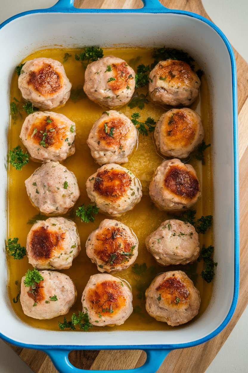 Photo, indoor casserole dish of small chicken meatballs glazed with lemony broth and sprinkled with parsley; no text or logos.
