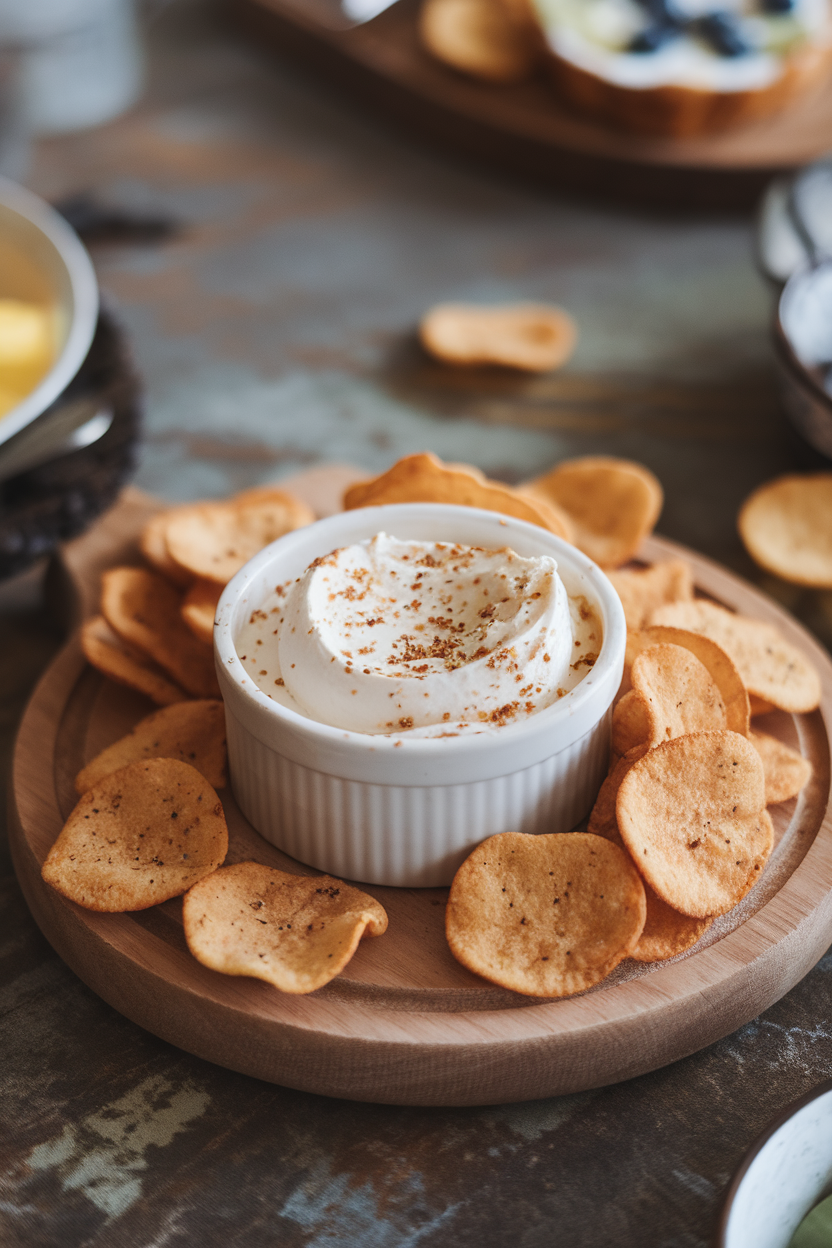 An indoor brunch spread with a ramekin of cream cheese speckled by everything-bagel seasoning, bagel chips beside it. Photo, no text or logos.