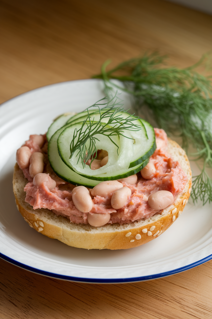 An indoor breakfast plate holding an open-faced bagel piled with smashed white beans, cucumber ribbons, and dill. Photo only, no text or logos.