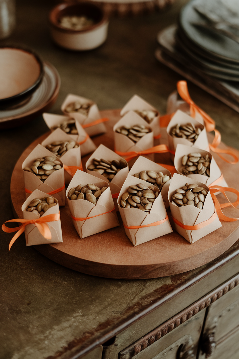 An indoor image of small paper envelopes overflowing with roasted pumpkin seeds, orange ribbon tied around each packet. No text or logos.