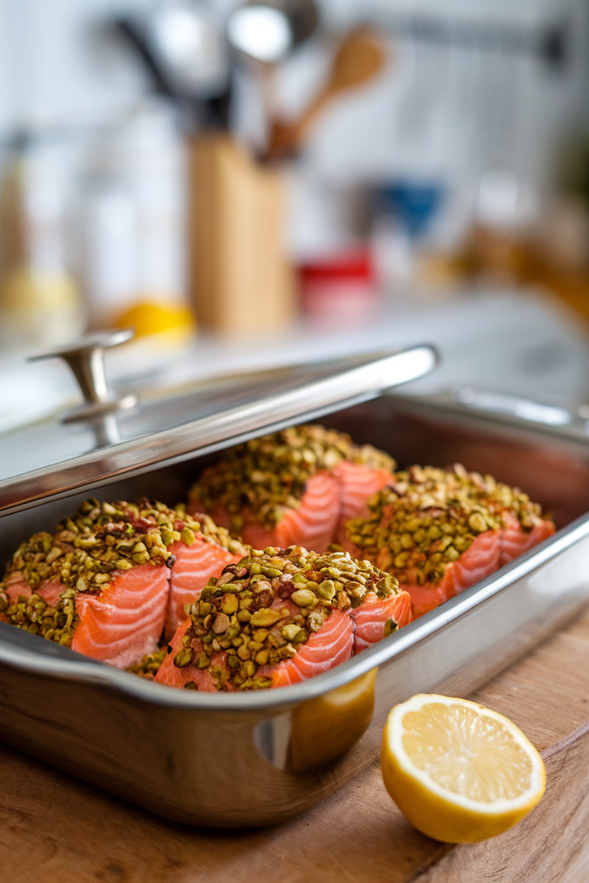 Photo, indoor baking dish containing pistachio-crusted cooked salmon portions, lemon wedge nearby; no text or logos.