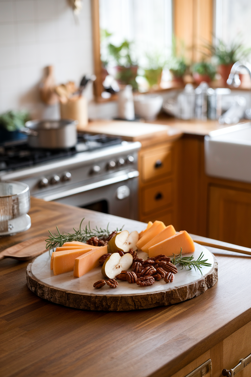 An indoor kitchen island displaying a marble slab topped with wedges of aged gouda, ripe pear slices, candied pecans, and sprigs of rosemary. No text or logos. Photo only.